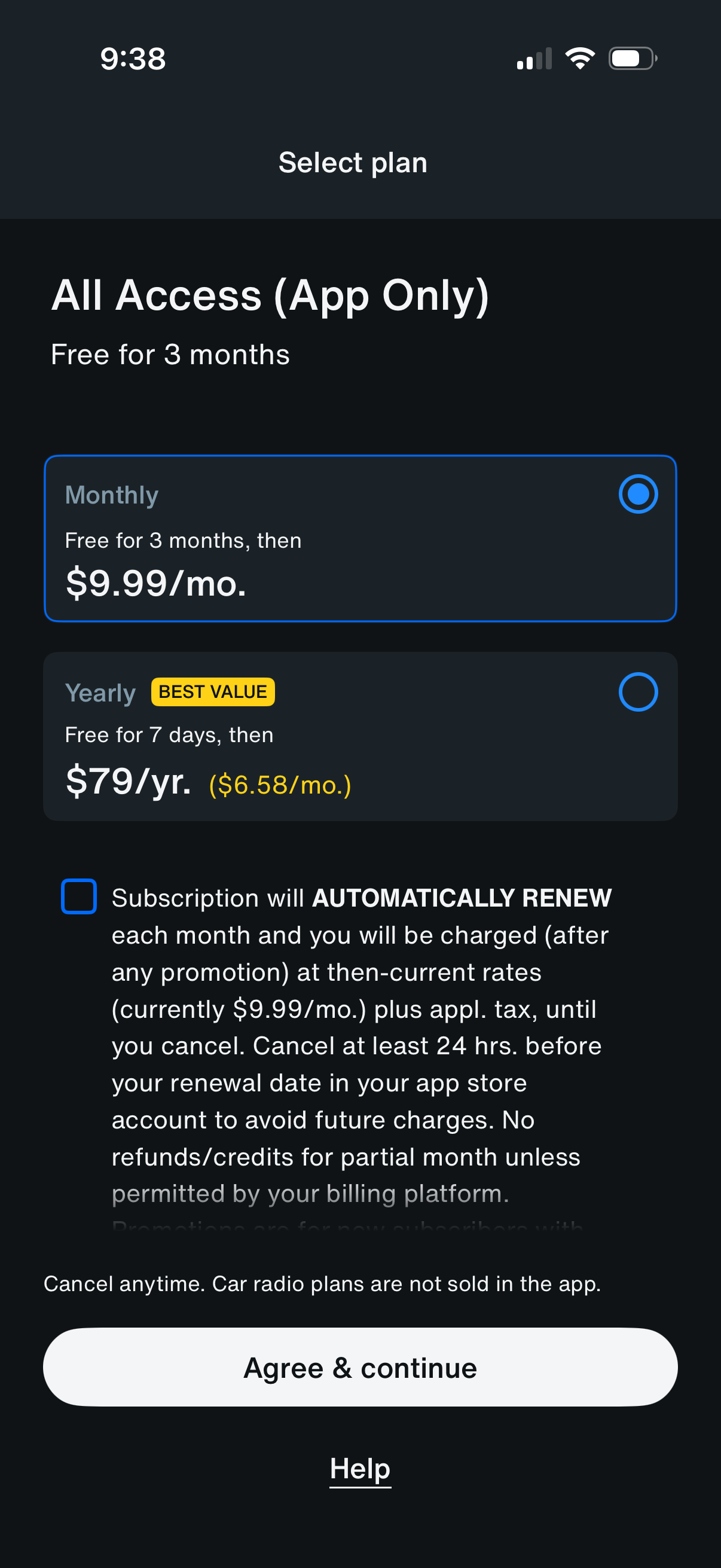 siriusxm pricing screenshot